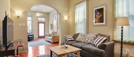 TV connectée, cheminée, lecteur de DVD, livres