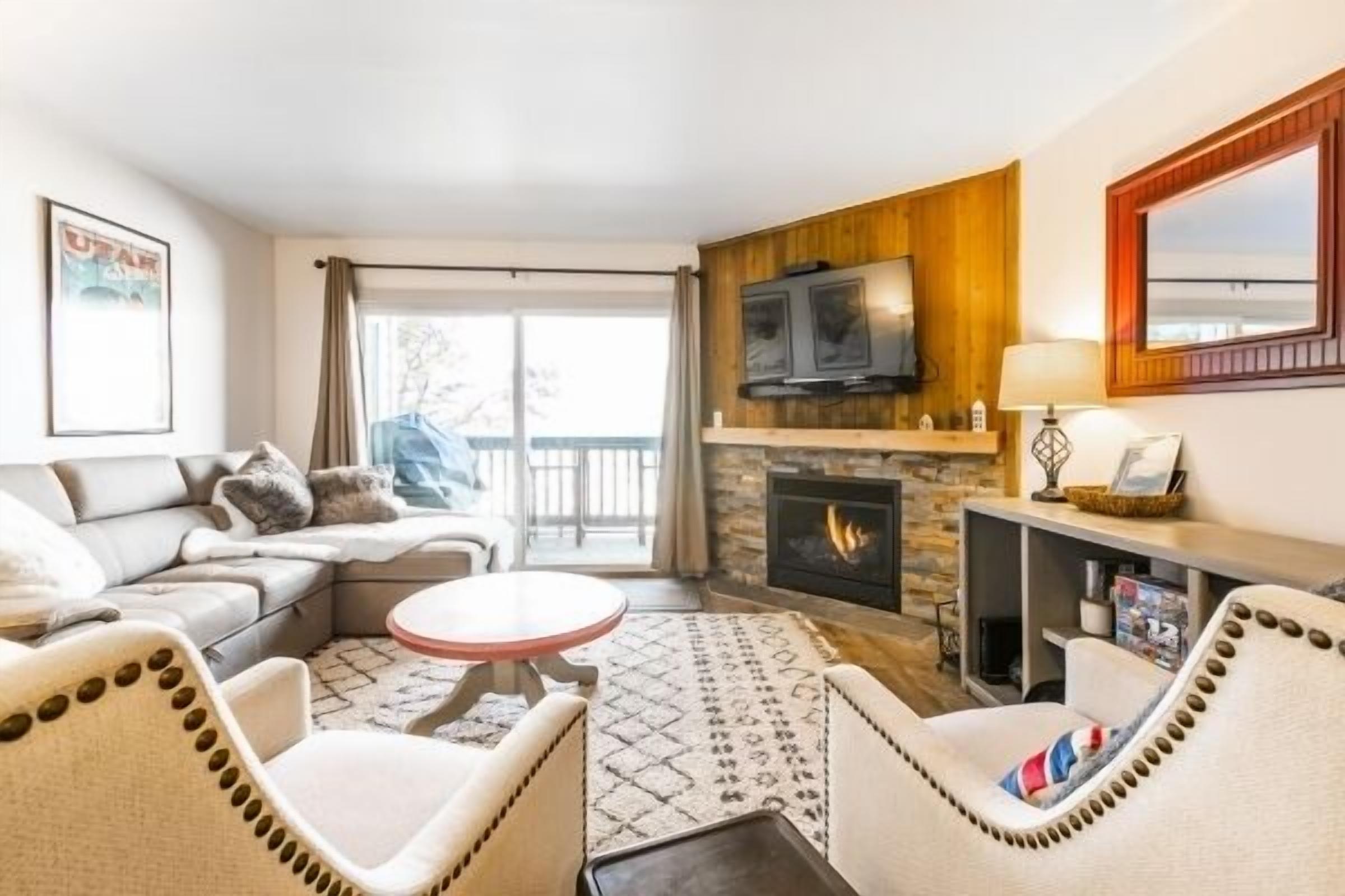 TV, fireplace, DVD player, books