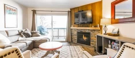 TV connectée, cheminée, lecteur de DVD, livres