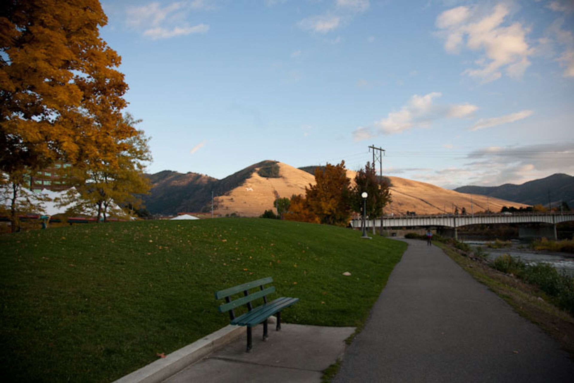 A park with a green bench, a paved path, and a bridge over a river.