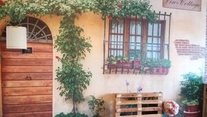 Un edificio rústico con puerta de madera, pared cubierta de hiedra, ventana con plantas en macetas y un banco de madera.