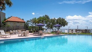 A clear blue pool with lounge chairs and umbrellas, surrounded by a fence and trees. - Condos at Wander Residences in Tierra Verde (Tierra Verde)