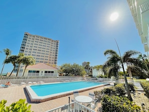 Piscina com deck ladrilhado, cercada por palmeiras e um muro branco.