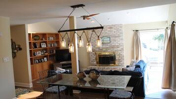 Smart TV, fireplace, DVD player, books