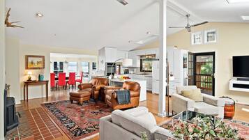 Smart TV, chimenea, reproductor de DVD y libros