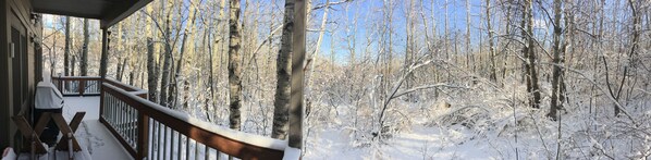 A wooden deck with a snow-covered railing, overlooking a forested area with bare trees and a clear sky. - Lux Condo in Aspens-3 min. walk to PC Mtn. Resort - 15% off '27 ski dates! (Park City)