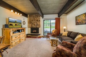 Smart TV, fireplace, DVD player, books