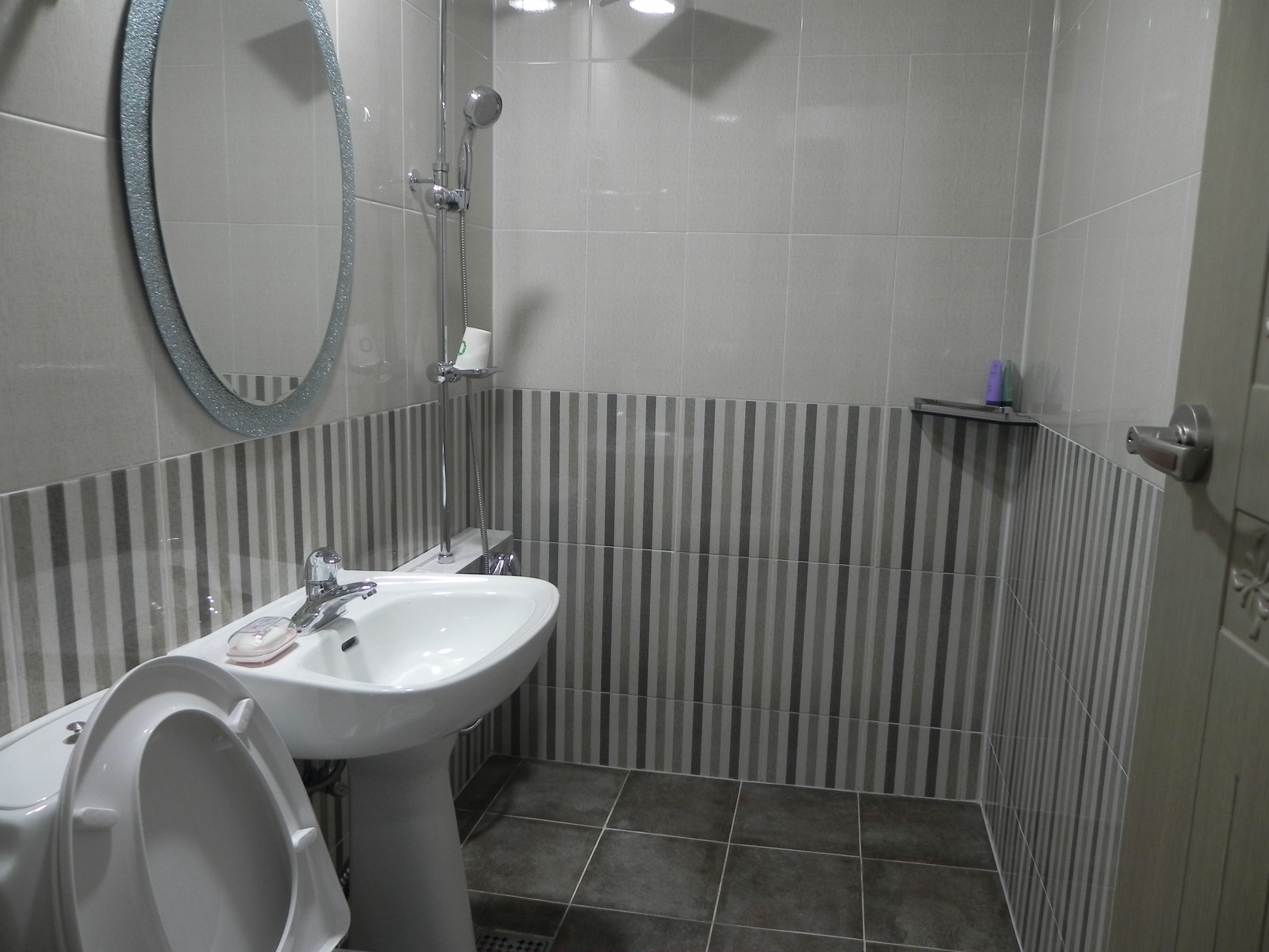 A bathroom with a white sink, a toilet, a shower, and a mirror.
