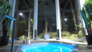 Zona de piscina interior moderna con un reloj, rodeada de paredes de vidrio y plantas en macetas.