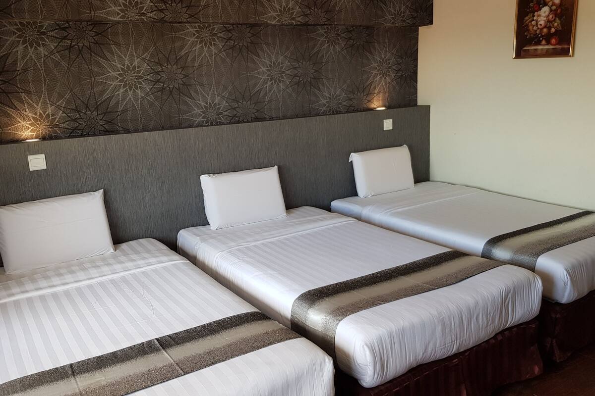 A hotel room with three single beds, each with a pillow and a striped bedspread. The headboard has a textured design, and there is a framed picture on the wall.