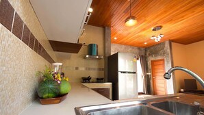 Una cocina moderna con techo de madera, pileta de acero inoxidable y estufa integrada.
