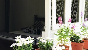A room with a bed, a window with a view of greenery, and potted plants. - Cloud Inn Kandy (Kandy)