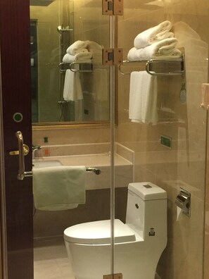 Shower, free toiletries, hair dryer, slippers