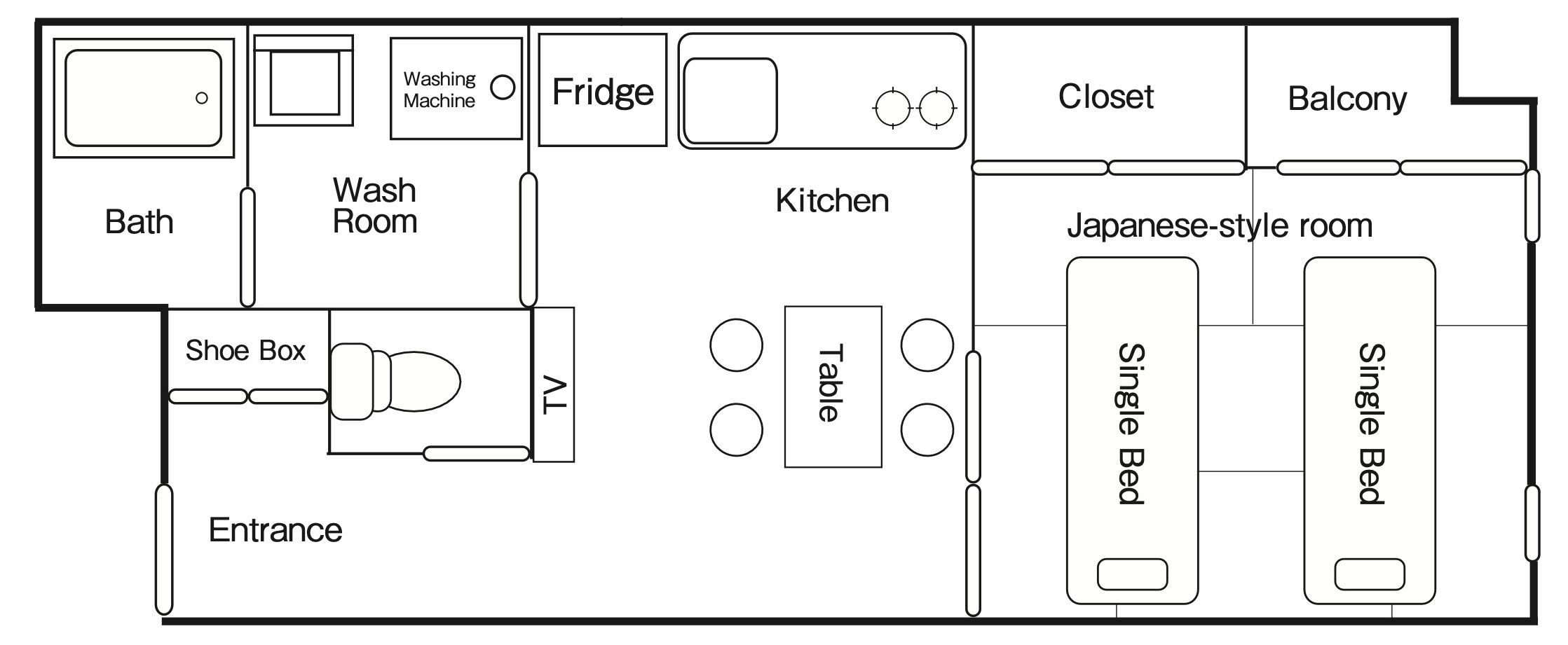 A floor plan of a hotel room with a bathroom, wash room, shoe box, TV, table, kitchen, closet, balcony, and two single beds.