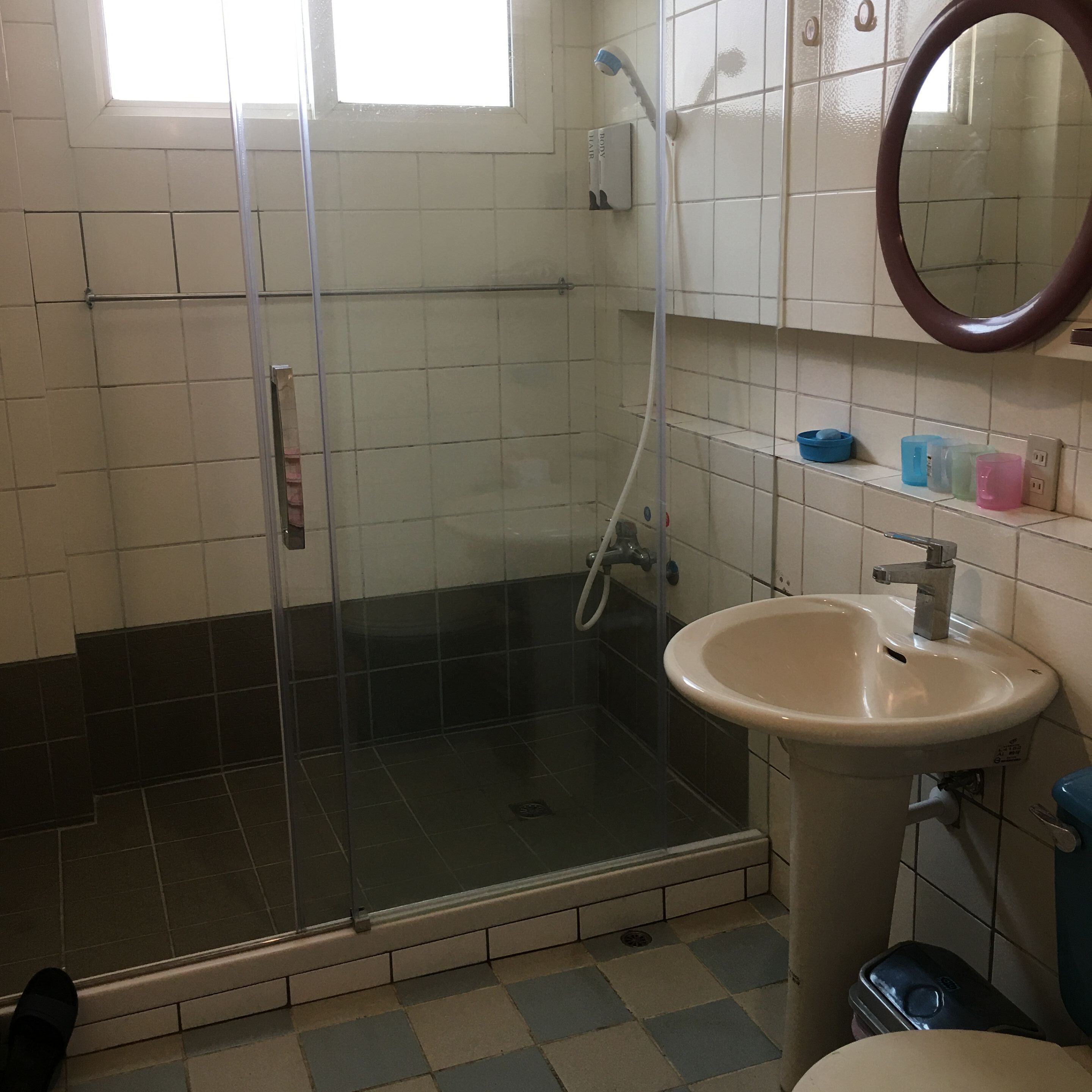 A bathroom with a glass-enclosed shower, a sink, and a mirror.