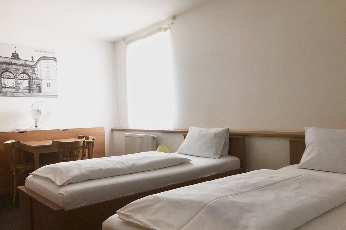 A room with two beds, a desk, a chair, a radiator, and a window with curtains.