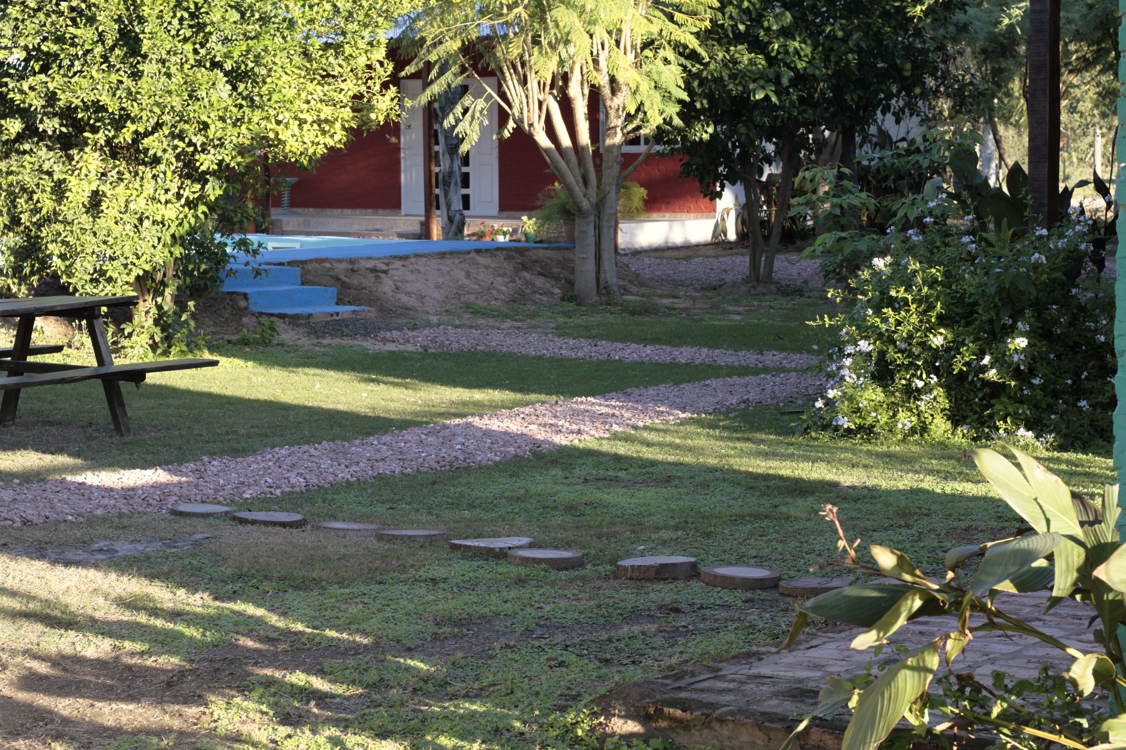 A garden with a wooden bench, a stone pathway, and a building with a red exterior in the background.