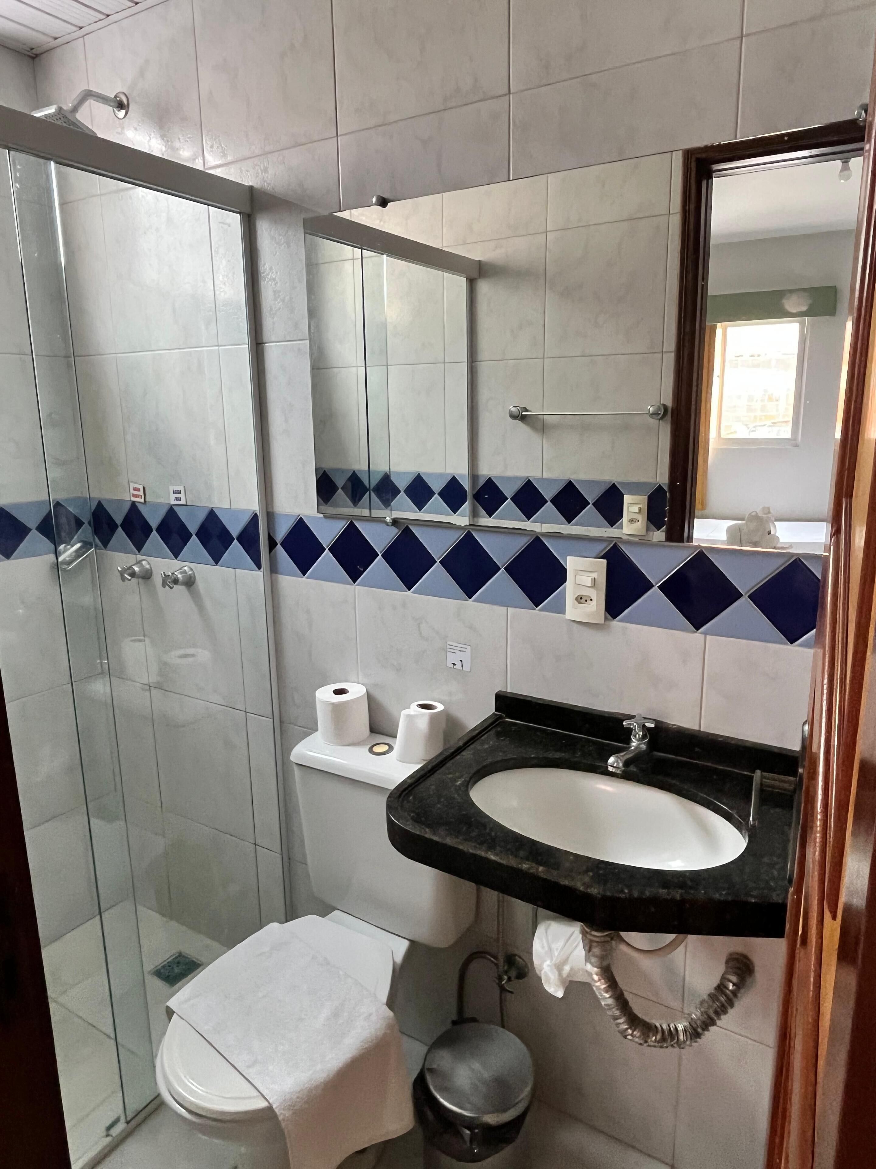 A bathroom with a glass shower enclosure, a toilet, a sink with a black countertop, and a mirror above the sink.
