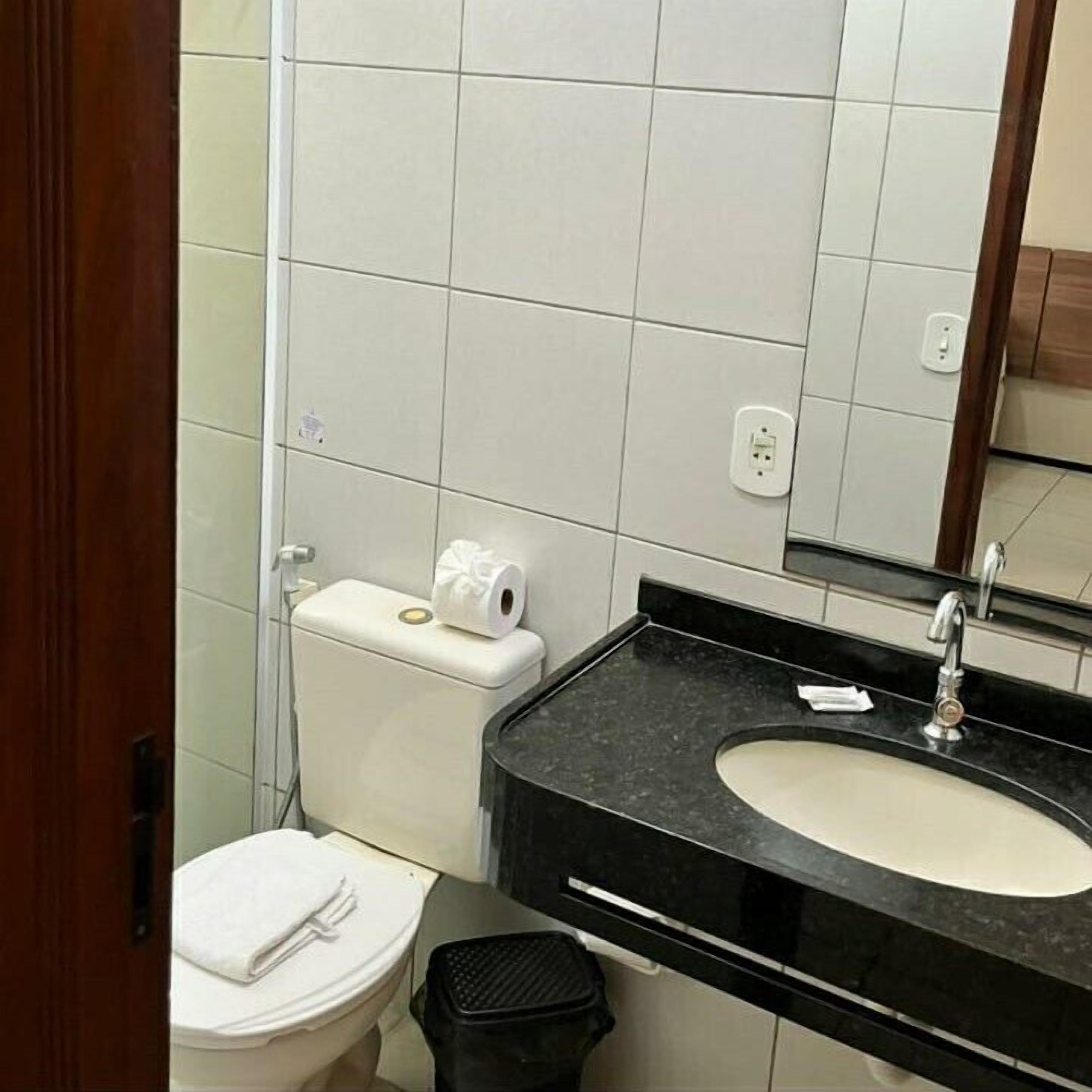 Een badkamer met toilet, wastafel en spiegel.