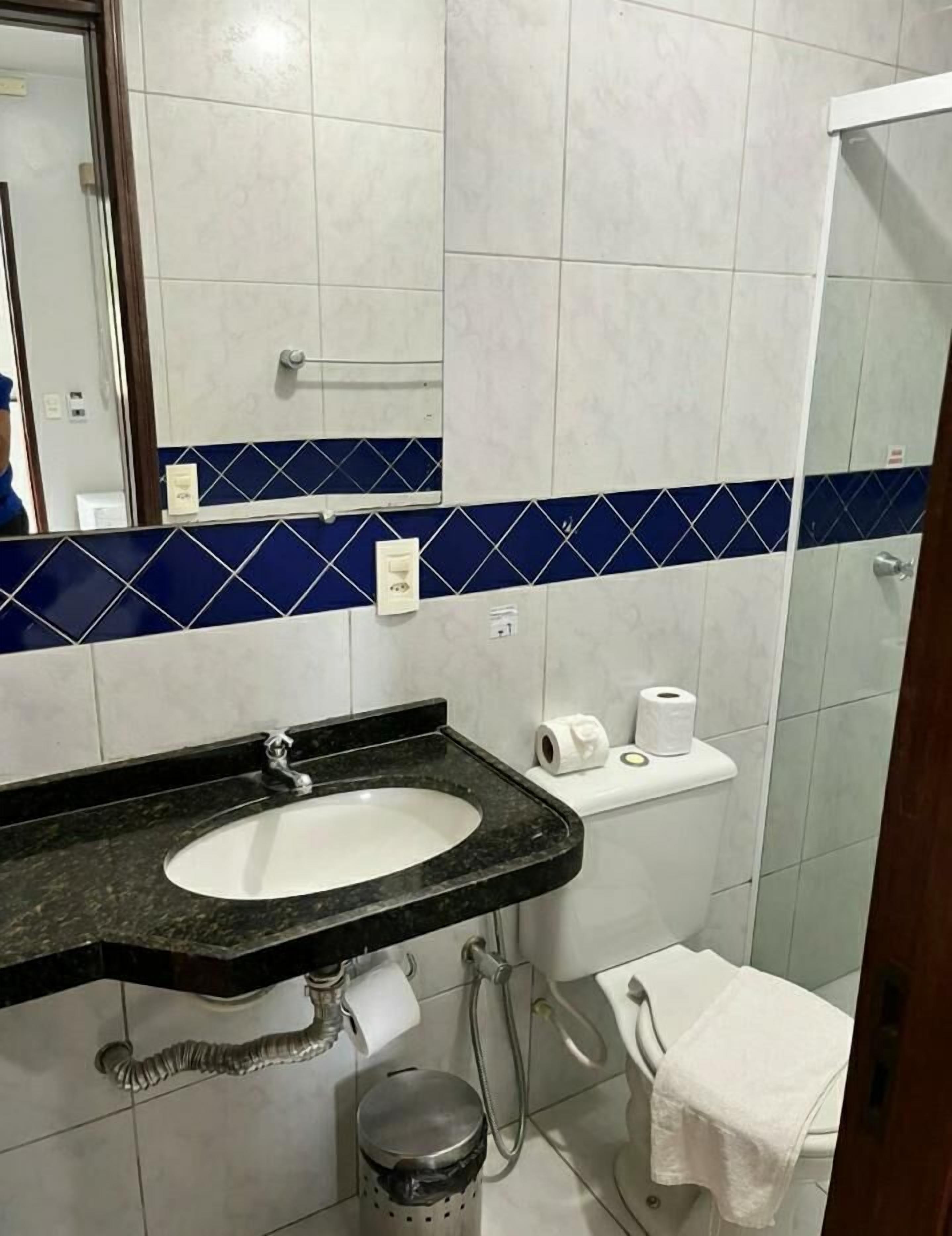 A bathroom with a sink, toilet, and shower.