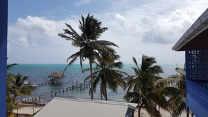 Vista de la playa con palmeras, un muelle y una estructura de techo de paja.