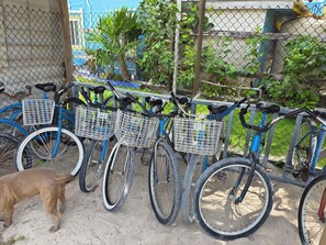 Una fila de bicicletas con cestas, un perro caminando y una cerca de malla metálica al fondo.