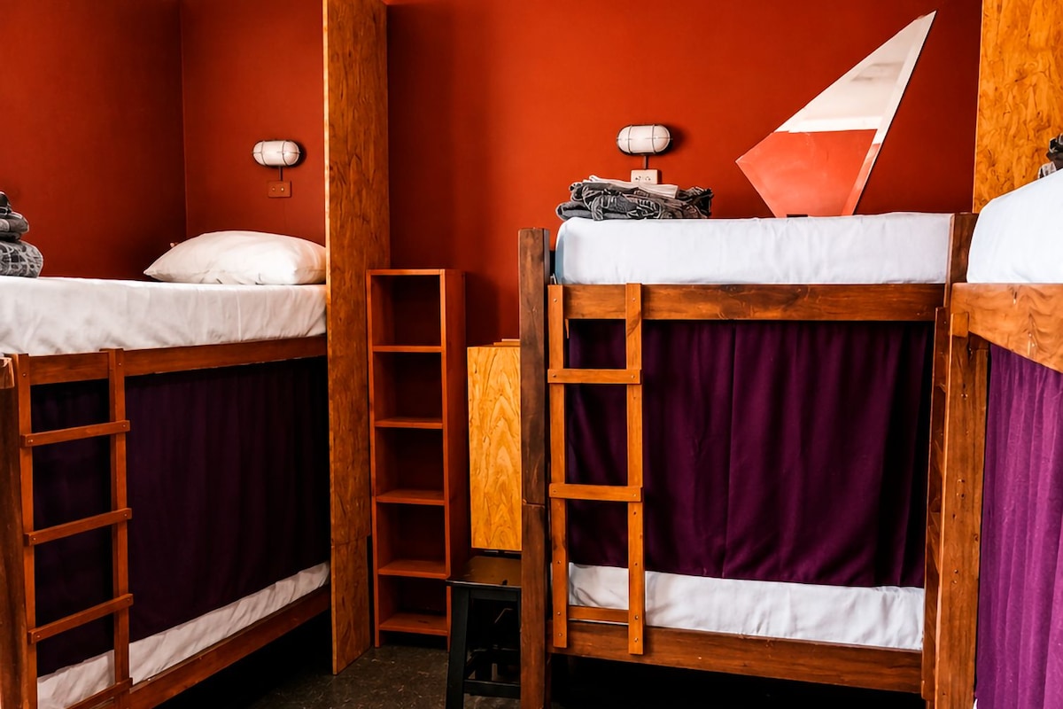 Une chambre de dortoir avec des lits superposés, une échelle et un petit bureau.