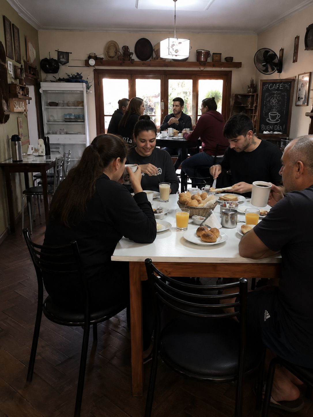 Een groep mensen zit aan tafel te ontbijten, met verschillende lekkernijen en sinaasappelsap.