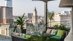 Terraza en la azotea con mobiliario exterior, vistas a un paisaje urbano y una planta grande en maceta.