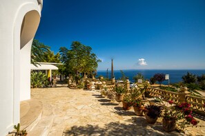 A stone-paved patio with potted plants and a view of the sea. - Blue Horizon Studios (Zakynthos)