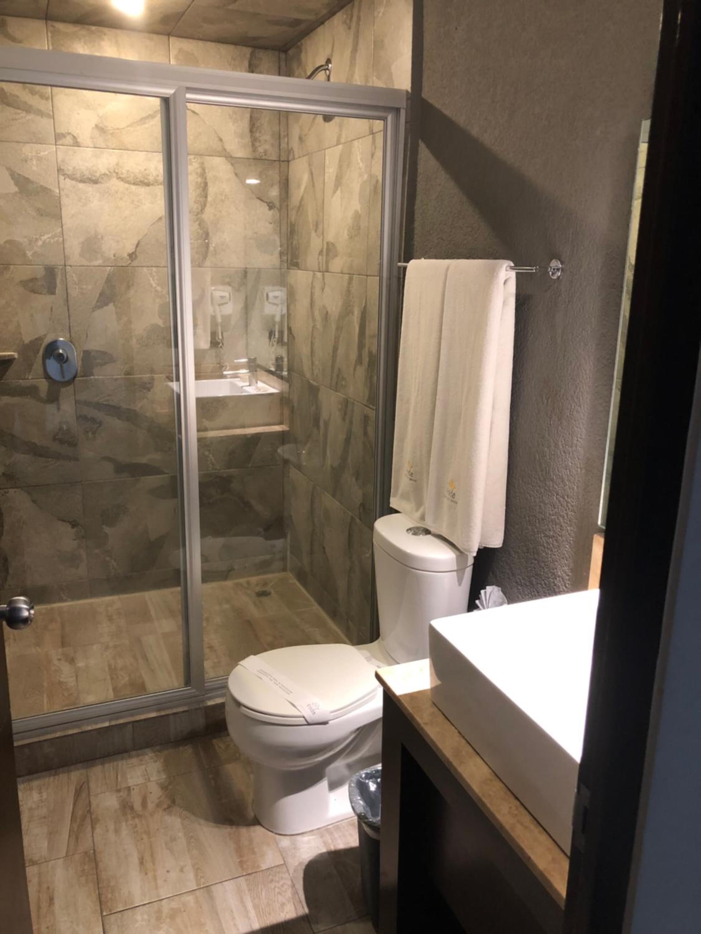 shower, free toiletries, towels