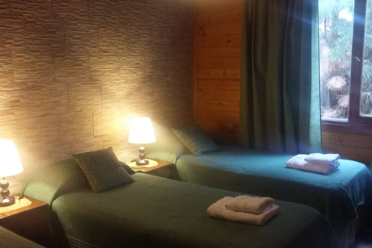 A room with two beds, each with a lamp and pillows, a window with curtains, and a wooden wall.