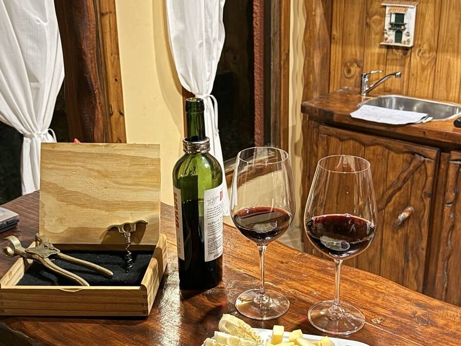 A wooden bar area with a bottle of wine, two glasses of red wine, a wooden box with a corkscrew, and a plate of cheese and cured meats.