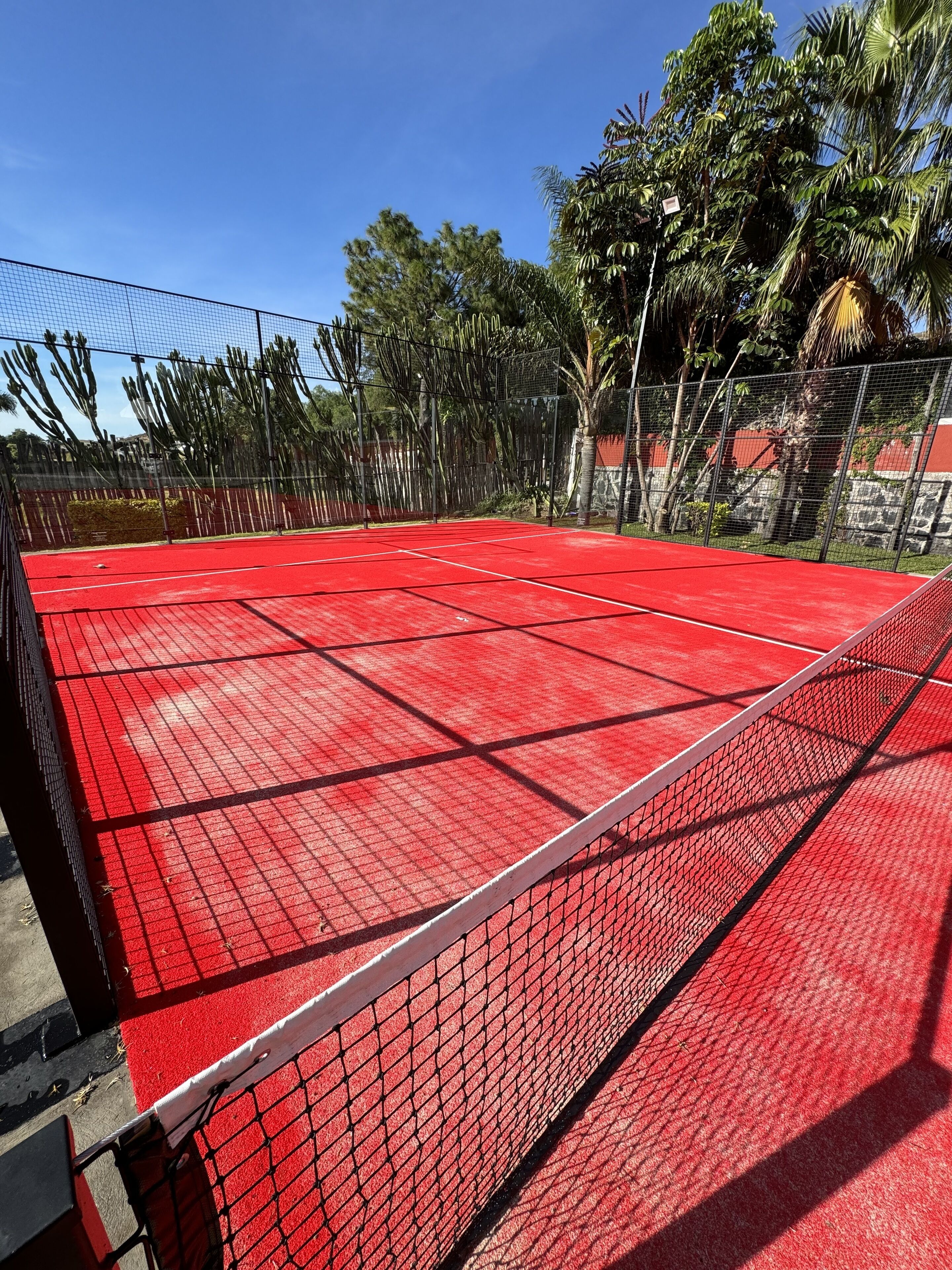 Una cancha de tenis roja con una red, rodeada por una valla y palmeras.