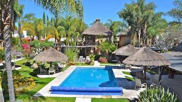 Indoor pool, outdoor pool, sun loungers