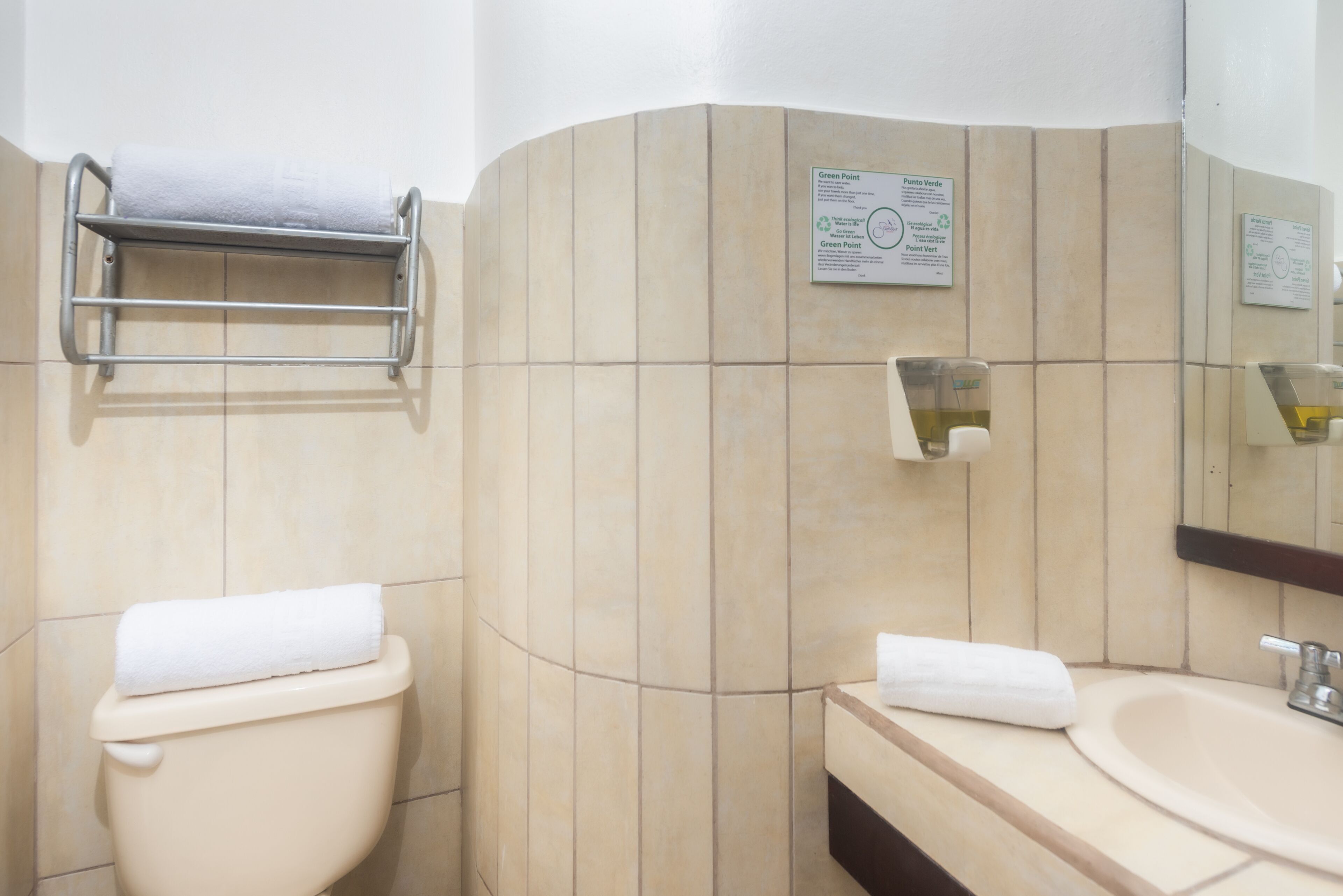Een badkamer met toilet, wastafel en handdoekhouder.