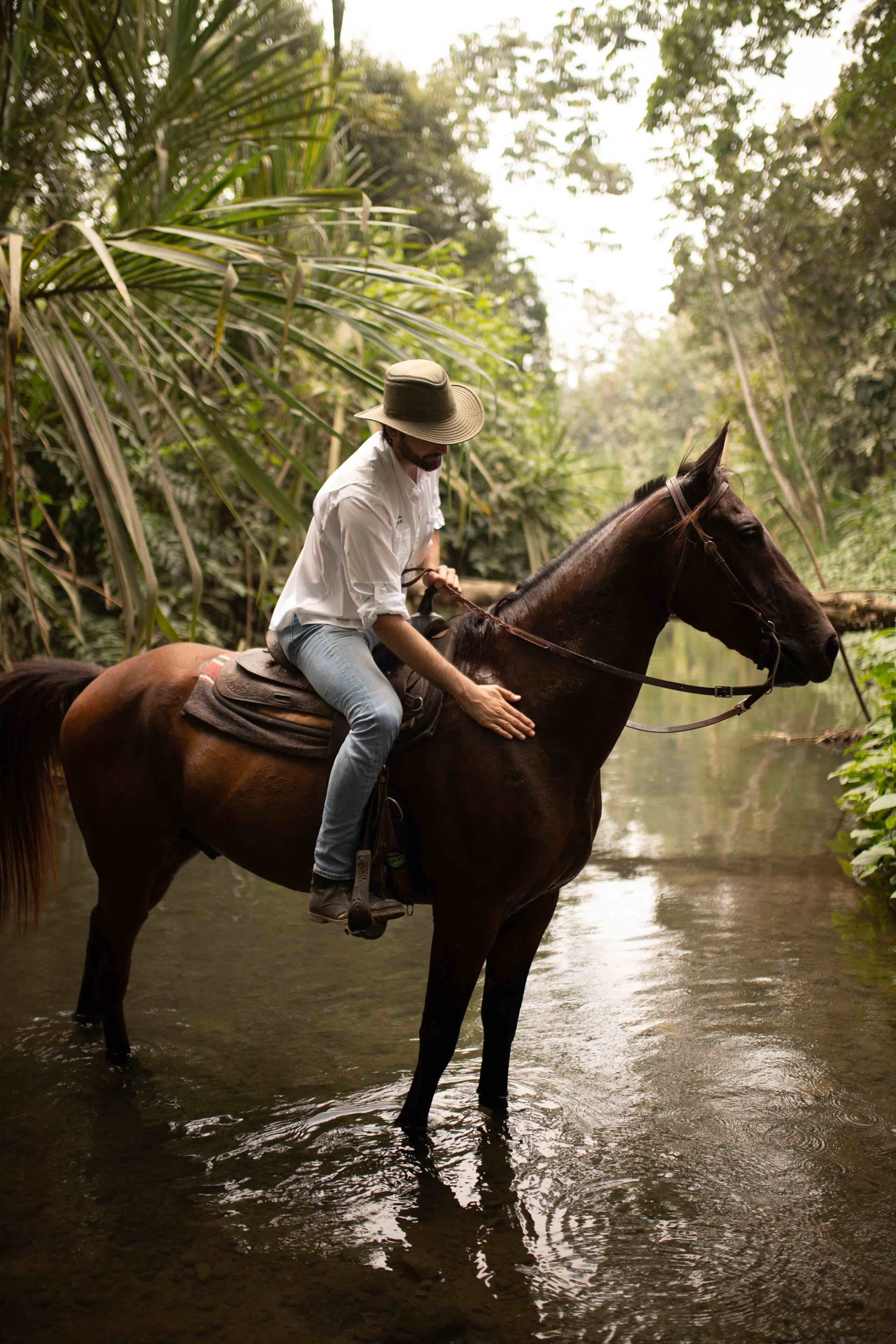 A person riding a horse through a waterlogged area surrounded by dense foliage.