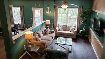 TV, DVD player, books, video library