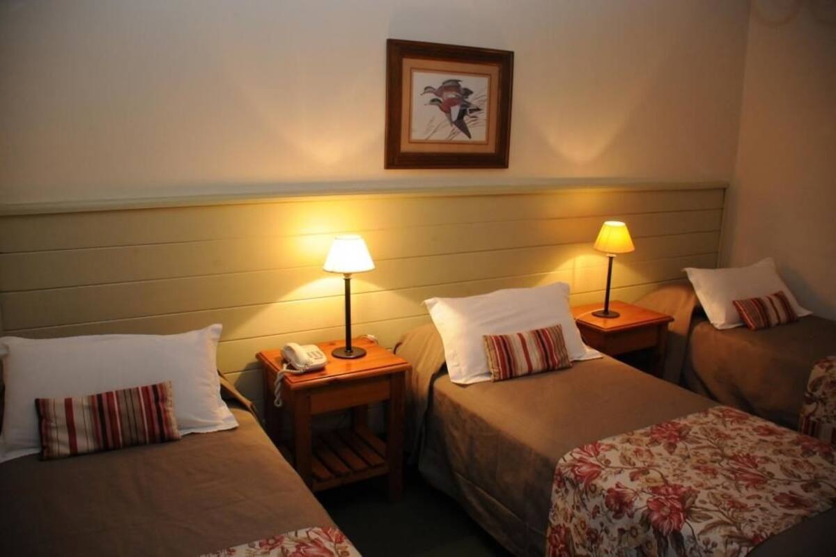 A hotel room with two beds, each with a pillow and a lamp. There is a framed picture on the wall above the beds.