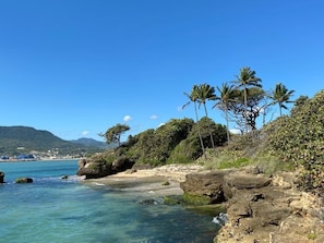 Un paisaje costero con aguas azules cristalinas, costas rocosas y palmeras.
