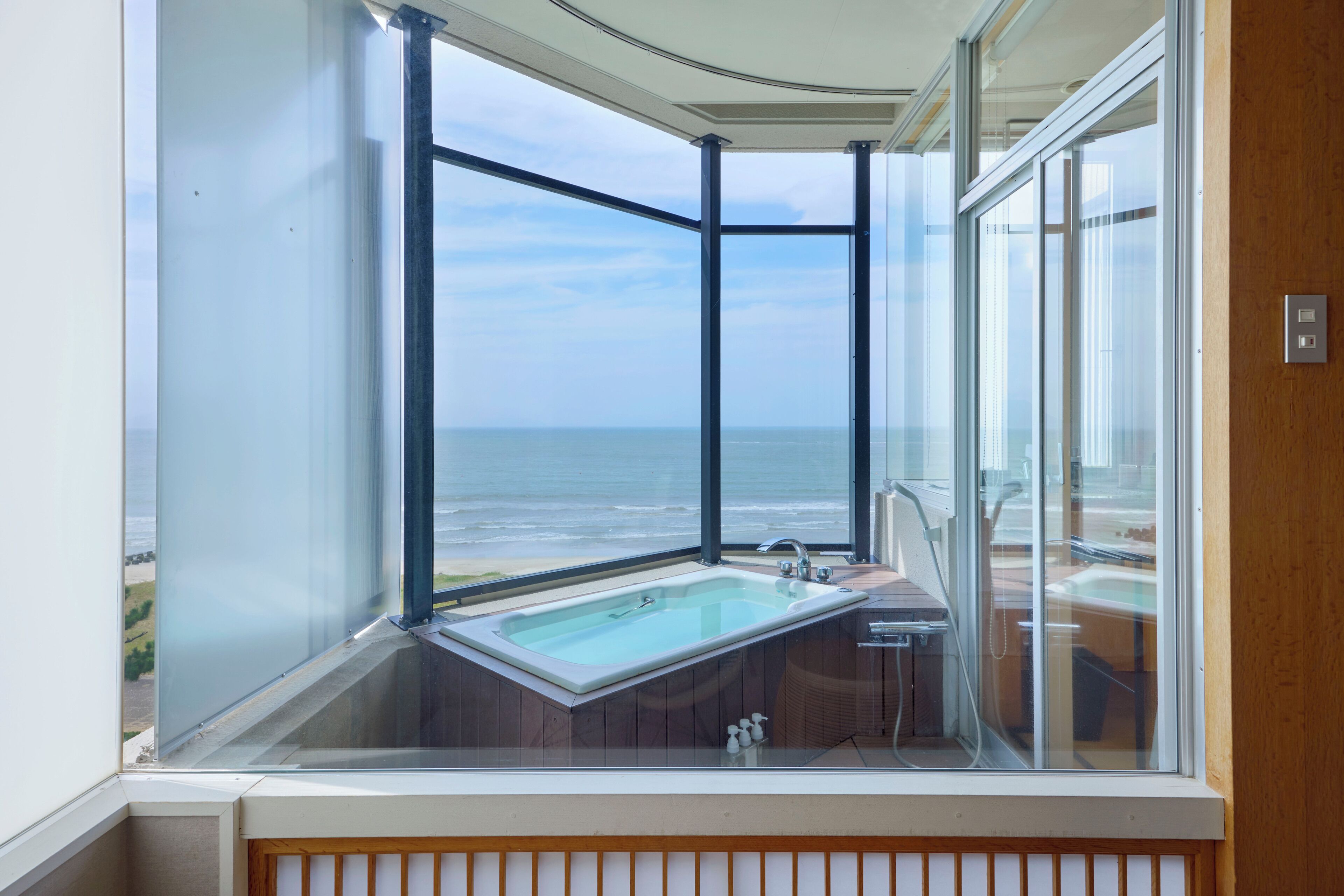 A corner bathroom with a bathtub, a shower, and a view of the ocean.
