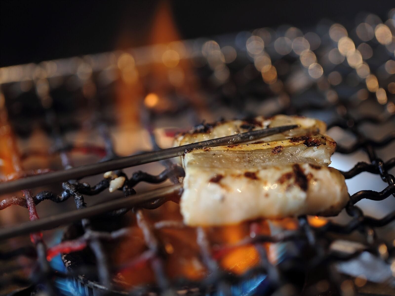 A close-up of grilled food on a barbecue grill.
