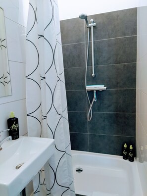 A bathroom with a shower, a sink, and a mirror.