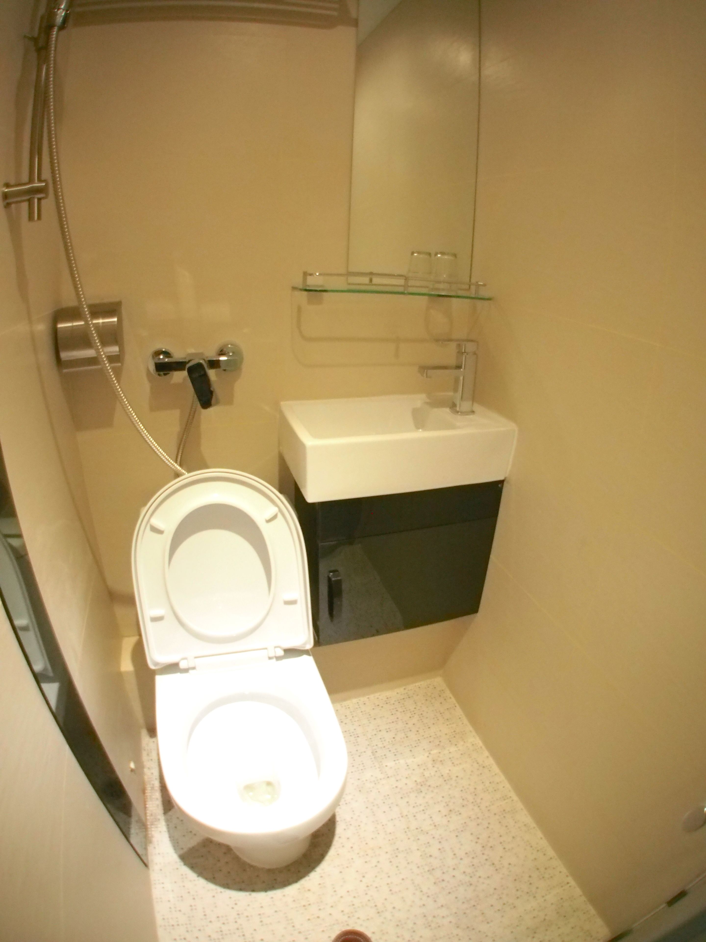 A small bathroom with a toilet, a sink, and a glass shelf above the sink.