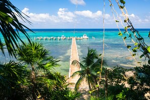 A wooden pier leading to a dock with boats, surrounded by palm trees and clear turquoise water. - Lawson Rock - Angelfish 100 (Roatan)
