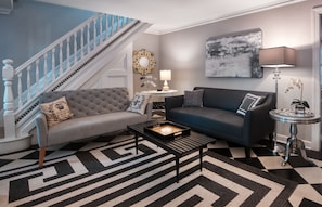 Smart TV, fireplace, books, printers