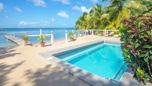 Un espace aménagé au bord de la piscine, offrant une vue dégagée sur l’océan, avec des chaises longues et des palmiers.