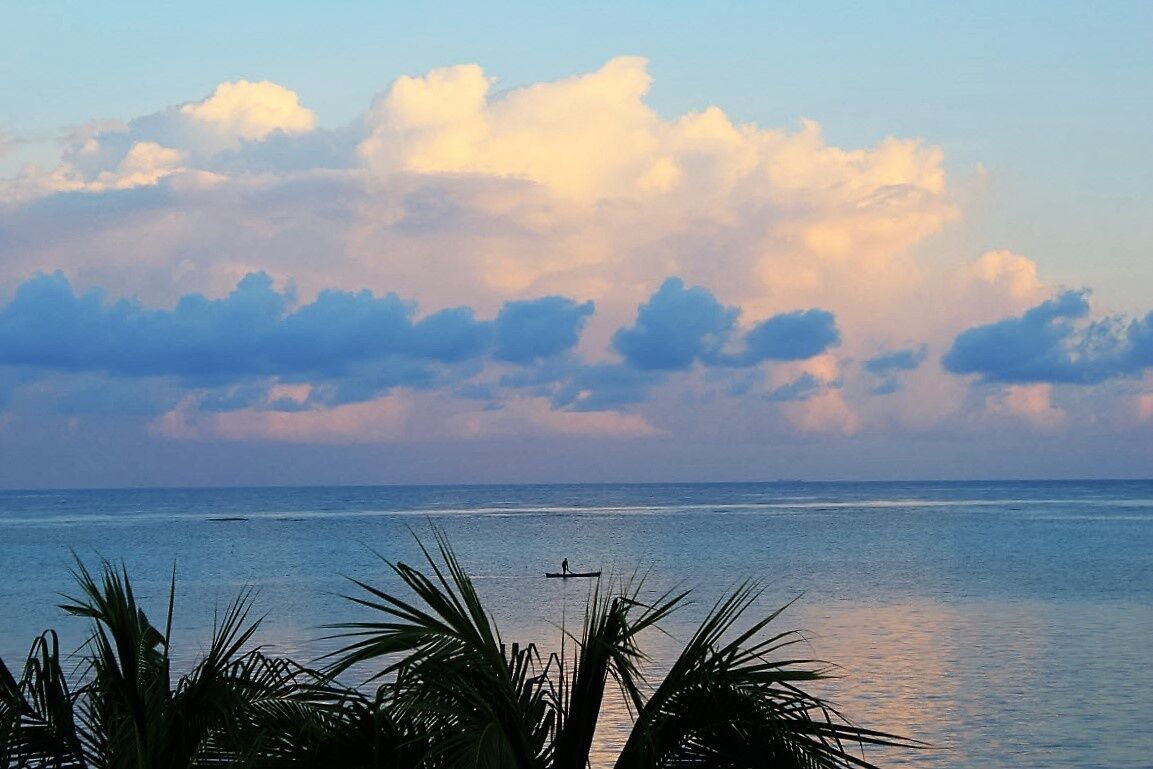 Ruhiges Meer mit einem Ruderer in einem Boot, Palmen im Vordergrund und einem klaren Himmel mit Wolken.