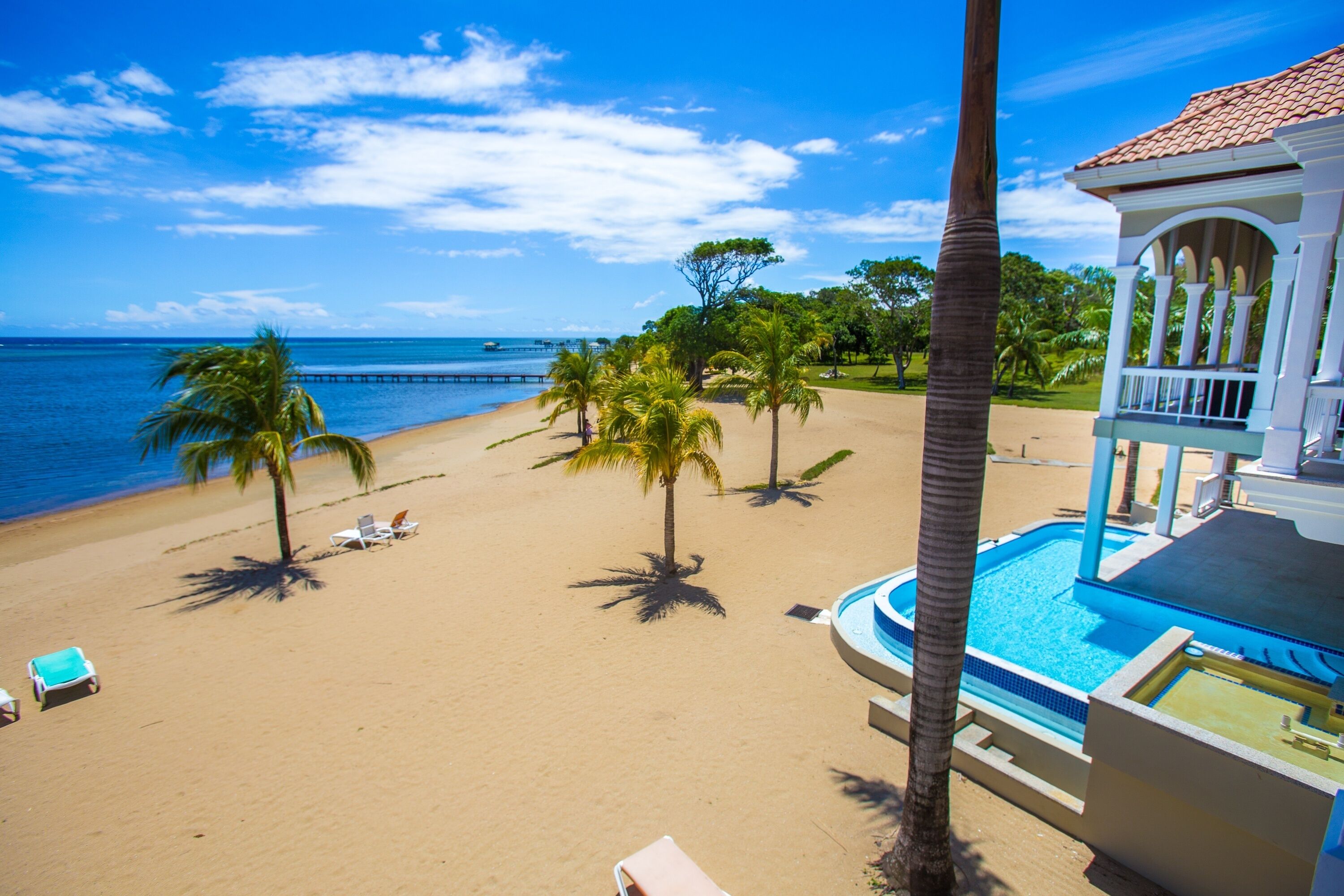 A beach view with a pool, palm trees, and a pier in the distance.