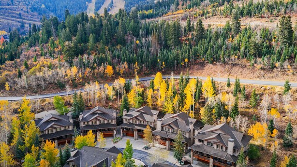 Un quartiere residenziale con diverse case, una strada e un pendio boscoso.